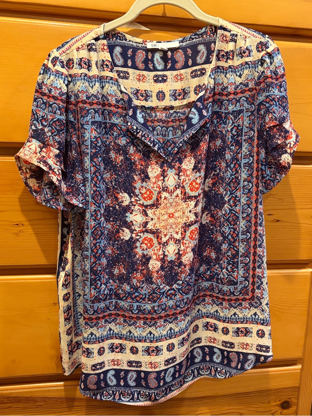 DR2 Bohemian Print Short Sleeve Women's Top in Navy and Cream